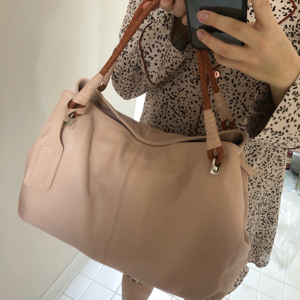 Genuine leather pale pink reversible tote bag